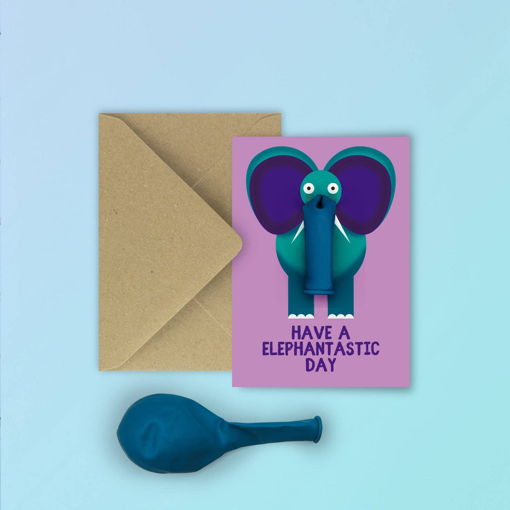 Illustrated Elephant balloon everyday / birthday card purple