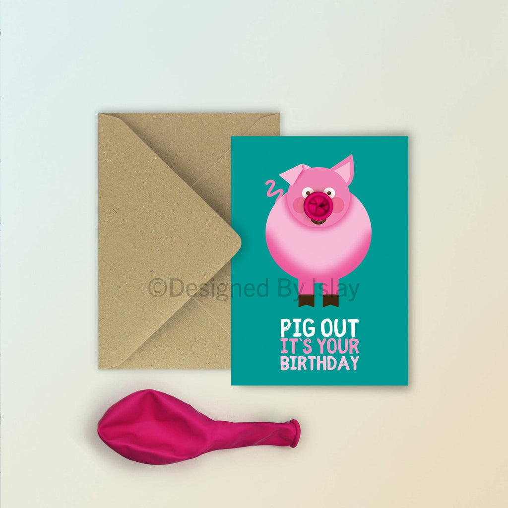 Illustrated Pig birthday balloon card