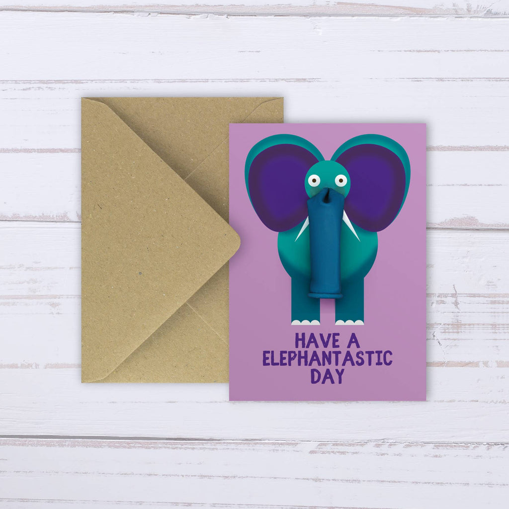 Illustrated Elephant balloon everyday / birthday card purple